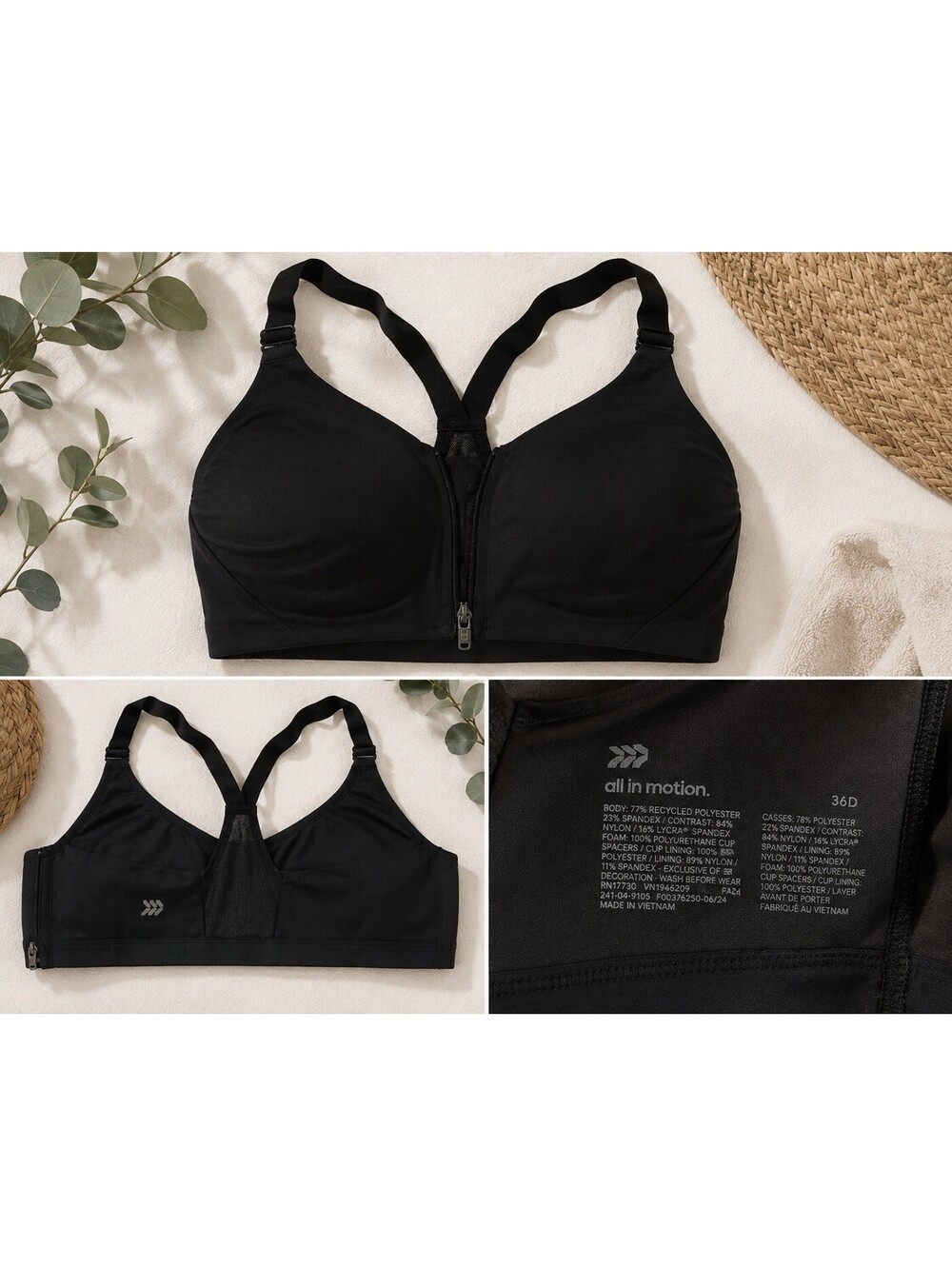 All in Motion Women’s 36D Black Front Zip High Support Sports Bra Racerback